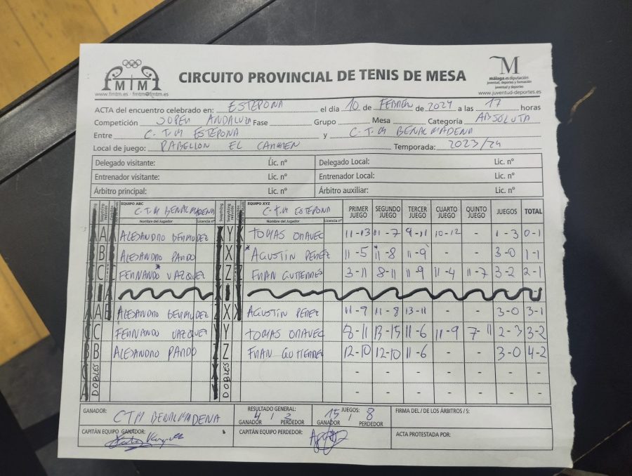 Foto acta entre los equipos CTM Estepona VS Puerto Deportivo Benalmádena de Super División Andaluza de Tenis de Mesa